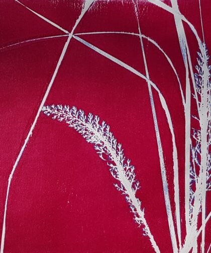 Monotype, impression gélatine rouge avec plant.