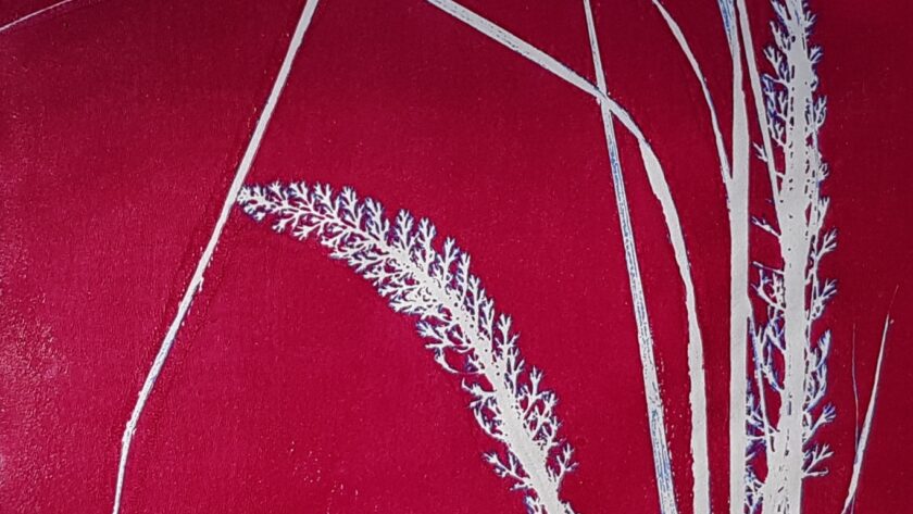 Monotype, impression gélatine rouge avec plant.