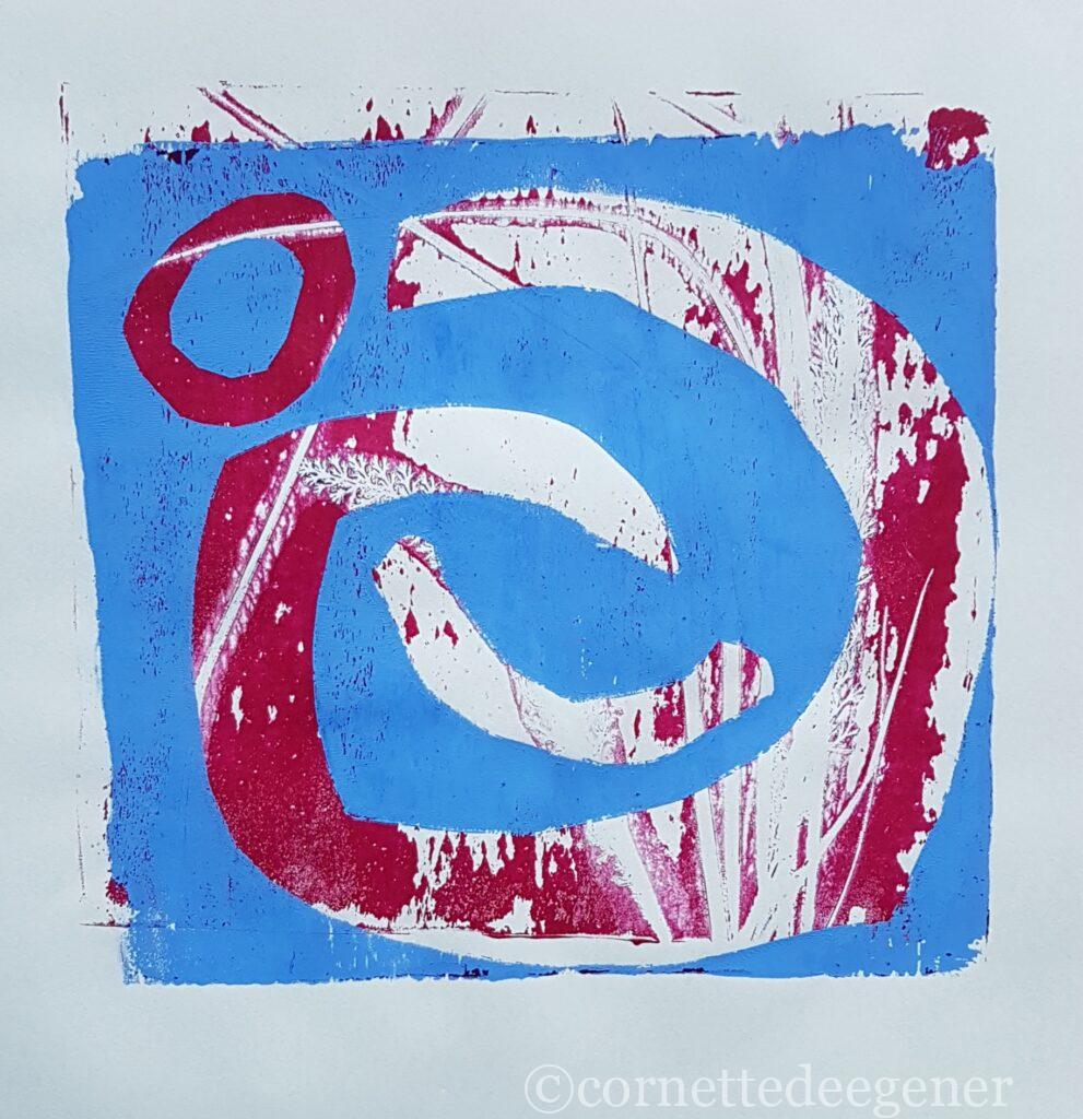Monotype, impression gélatine rouge, bleu clair avec herbe, pochoir oval et fils.