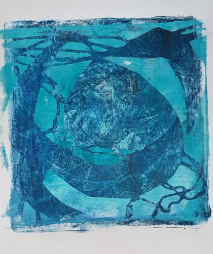 Monotype, impression gélatine bleu clair avec oval pochoir et fils.