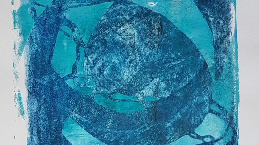 Monotype, impression gélatine bleu clair avec oval pochoir et fils.