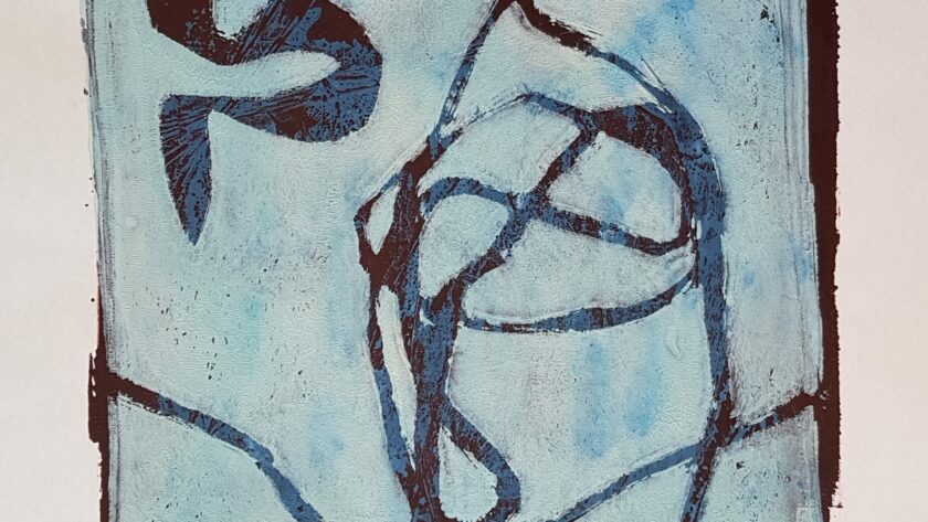 Monotype, impression gélatine, noir, bleu foncé, bleu clair avec pochoir et fils.
