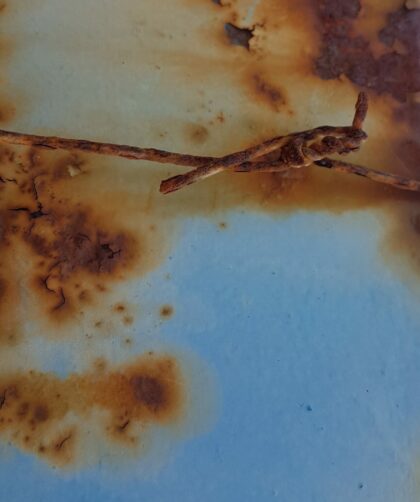 Contemporary Art Gallerie France and Berlin. Stahltor, blau mit Rostmarken und Draht. Fotodruck Saintes-Maries-de-la-Mer auf Dibond oder Forex in verschiedenen Formaten.