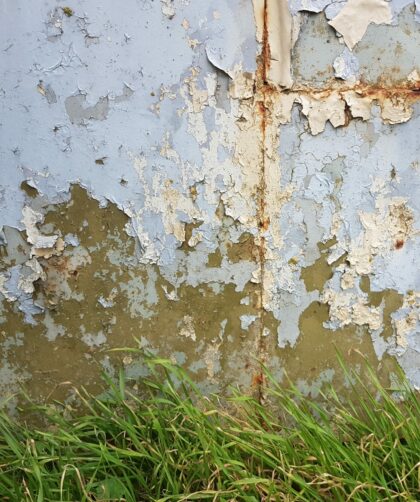Fotodruck Frejus 1 auf Dibond oder Forex in verschiedenen Formaten. Stahlplatte, blau - weiß mit horizontaler und vertikaler Rostlinie und Pflanzen im Vordergrund.
