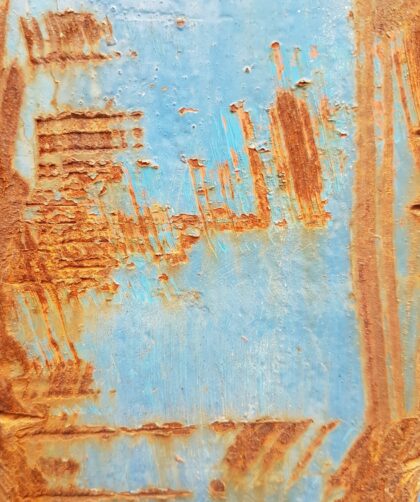 Stahlplatte Marseille 9, blau mit großflächigen markanten Rostmarken. Fotodruck auf Dibond oder Forex in verschiedenen Formaten