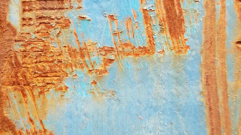Stahlplatte Marseille 9, blau mit großflächigen markanten Rostmarken. Fotodruck auf Dibond oder Forex in verschiedenen Formaten