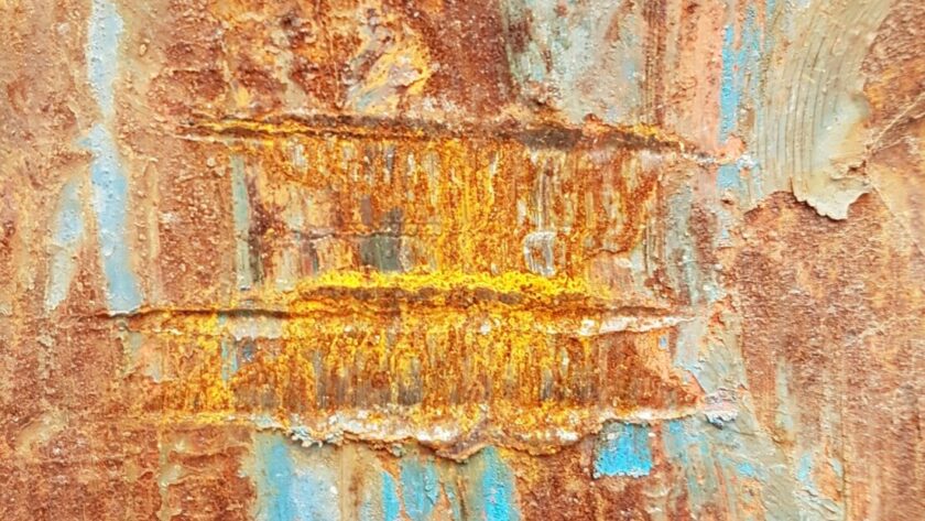 Stahlplatte Marseille 8, blau, mit großflächigen markanten Rostmarken. Fotodruck auf Dibond oder Forex in verschiedenen Formaten