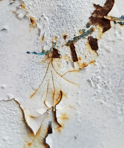 Stahlplatte mit deutlichen Farbabsprüngen, weiss und markanten Rostspuren. Fotodruck auf Dibond oder Forex.