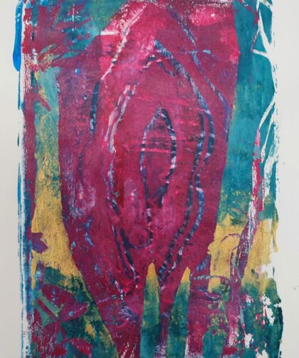 Monotype, impression gélatine, or, bleu ,rouge, argenté avec pochoirs, plantes, herbes et fils. Acrylique sur papier.
