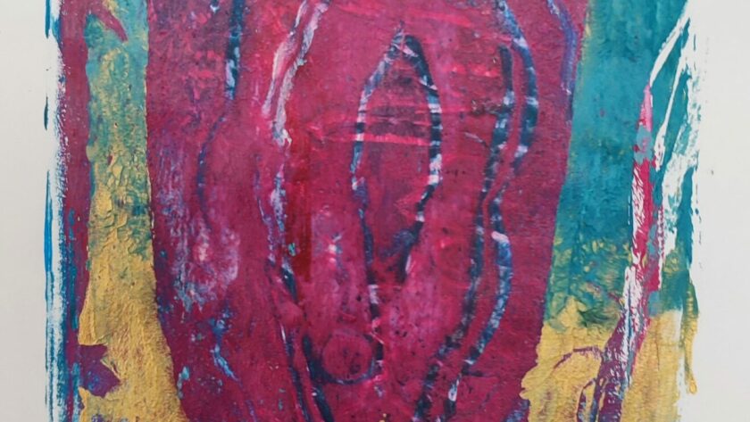 Monotype, impression gélatine, or, bleu ,rouge, argenté avec pochoirs, plantes, herbes et fils. Acrylique sur papier.