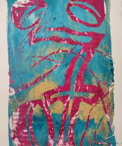Monotype, impression gélatine, No. 7, or, bleu, rouge avec pochoirs, herbes et fils. Acrylique sur livre francais.
