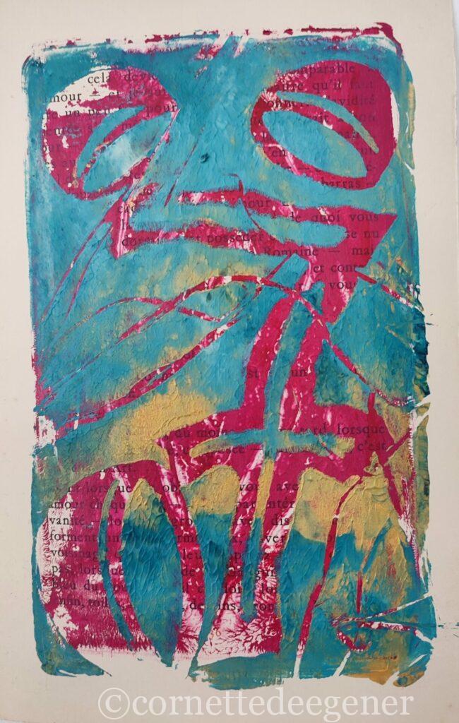 Monotype, impression gélatine, or, bleu, rouge avec pochoirs, herbes et fils. Acrylique sur livre francais.