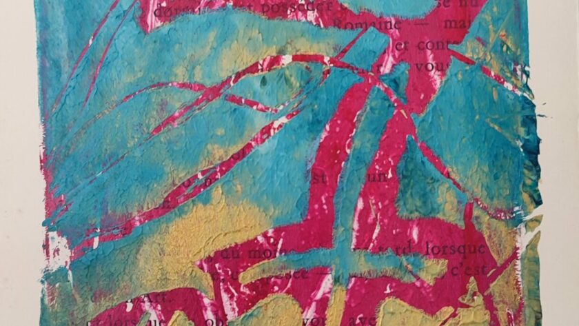Monotype, impression gélatine, No. 7, or, bleu, rouge avec pochoirs, herbes et fils. Acrylique sur livre francais.