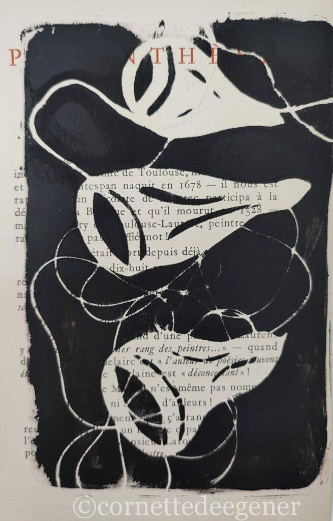Monotype, impression gélatine, noir avec pochoirs et fils. Acrylique sur livre francais.