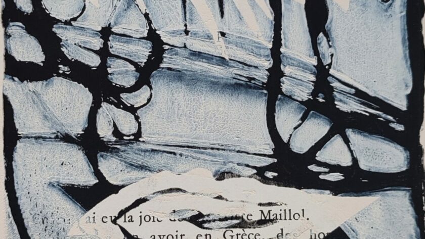 Monotype, impression gélatine, noir - beige avec pochoirs, feuilles, herbes et fils. Acrylique sur livre francais.