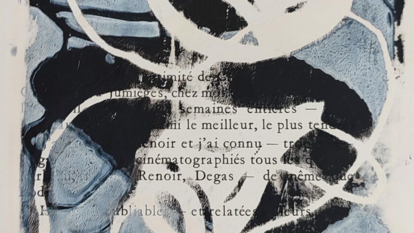 Monotype, impression gélatine, noir - beige avec pochoirs, feuilles, herbes et fils. Acrylique sur livre francais.