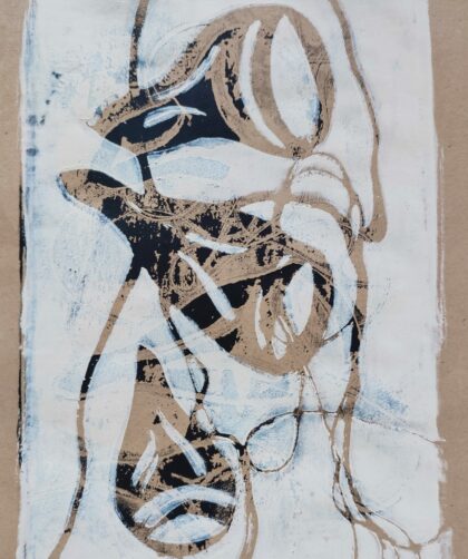 Monotype, impression gélatine, noir - beige avec pochoirs, herbes et fils. Acrylique sur papier.