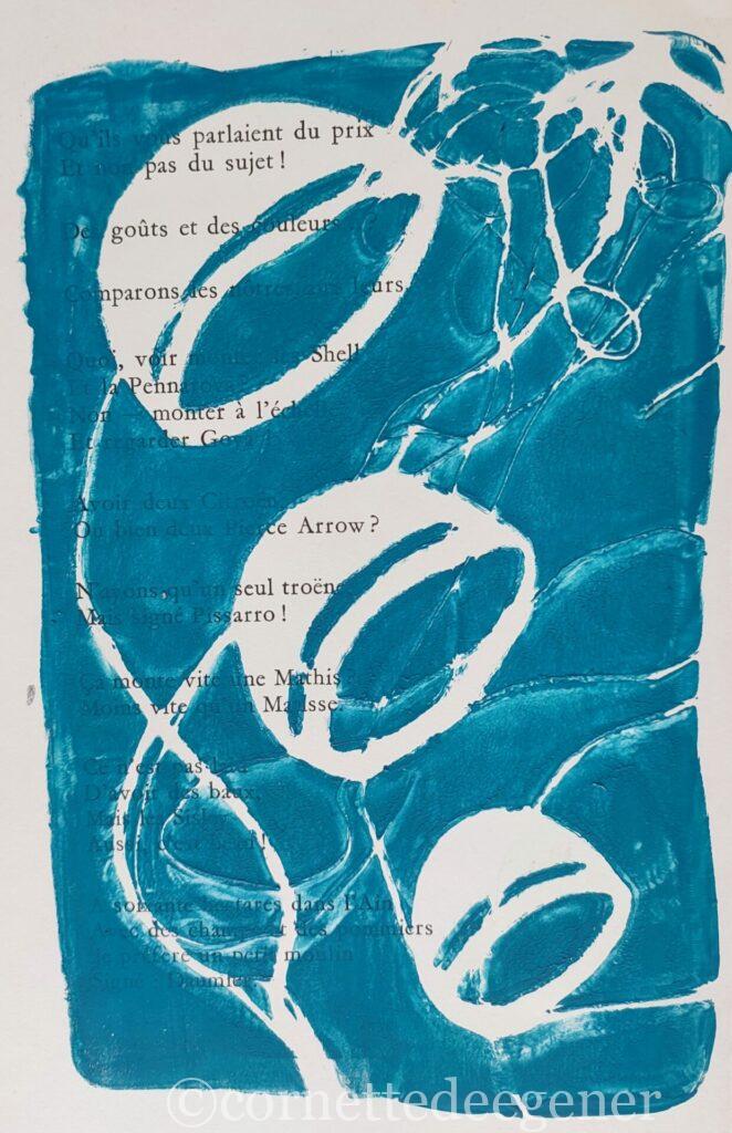 Monotype, impression gélatine, bleu avec pochoirs, herbes et fils. Acrylique sur livre.