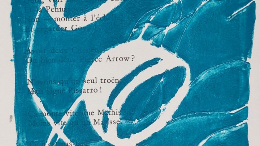 Monotype, impression gélatine, bleu avec pochoirs, herbes et fils. Acrylique sur livre.